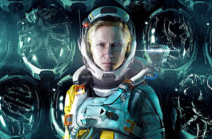 A sci fi woman in an astronaut suit and helmet
